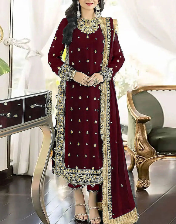 Heavy Embroidered Maroon Chiffon Party Wear Dress (DZ18335)