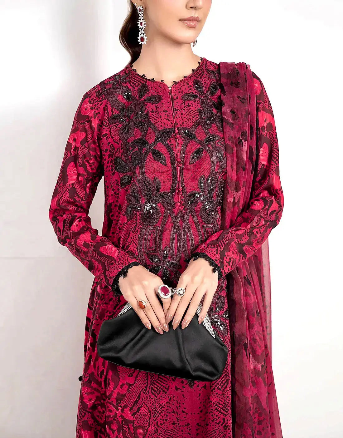 Trendy All-Over Print Sequins Embroidered Red Lawn Dress with Emb. Chi –  DressyZone.com