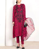 Trendy All-Over Print Sequins Embroidered Red Lawn Dress with Emb. Chiffon Dupatta (DZ18858)