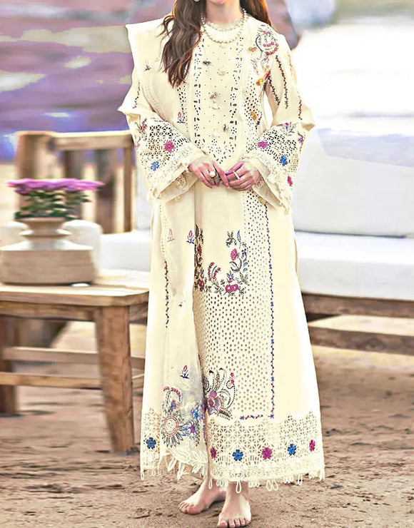 Exquisite Schiffli Embroidered Dhanak Dress with Banadora Shawl (DZ18491)