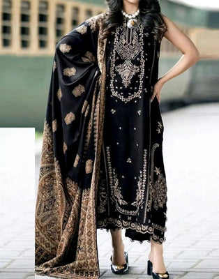 Stunning Heavy Embroidered Black Linen Dress for Winter Season (DZ18270)