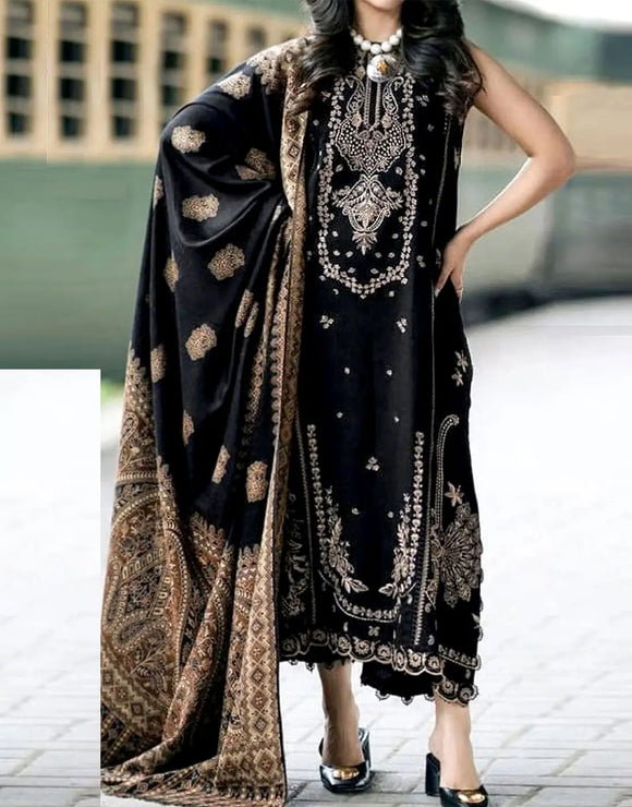 Stunning Heavy Embroidered Black Linen Dress for Winter Season (DZ18270)
