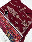 Graceful Heavy Embroidered Burgundy Color Linen Dress for Winter (DZ18269)
