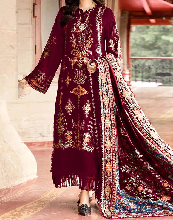 Graceful Heavy Embroidered Burgundy Color Linen Dress for Winter (DZ18269)