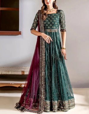 Luxury Embroidered Zinc Green Net Maxi Frock for Party & Wedding Wear (DZ18452)
