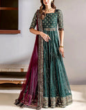 Luxury Embroidered Zinc Green Net Maxi Frock for Party & Wedding Wear (DZ18452)