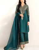 Embroidered Teal Green Raw Silk Dress with Embroidered Bottoms (DZ18623)