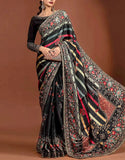 Glamorous Floral Print Embroidered Black Silk Saree with Raw Silk Body (DZ18635)
