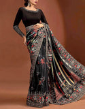 Glamorous Floral Print Embroidered Black Silk Saree with Raw Silk Body (DZ18635)