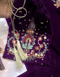 Embroidered Royal Purple Velvet Wedding Dress with Matching Velvet Pouch (DZ18625)