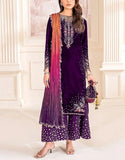 Embroidered Royal Purple Velvet Wedding Dress with Matching Velvet Pouch (DZ18625)