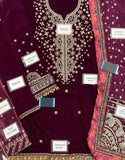 Premium Heavy Embroidered Dark Magenta Velvet Wedding Dress (DZ18339)