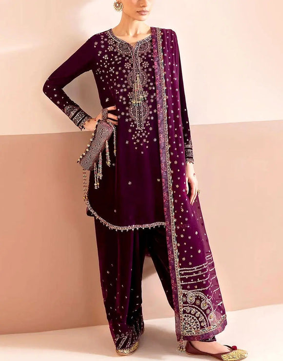 Premium Heavy Embroidered Dark Magenta Velvet Wedding Dress (DZ18339)