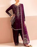 Premium Heavy Embroidered Dark Magenta Velvet Wedding Dress (DZ18339)