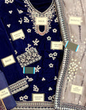 Stunning Formal Embroidered Navy Blue Velvet Wedding Wear Dress (DZ18276)