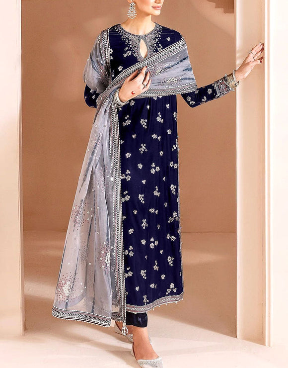 Stunning Formal Embroidered Navy Blue Velvet Wedding Wear Dress (DZ18276)