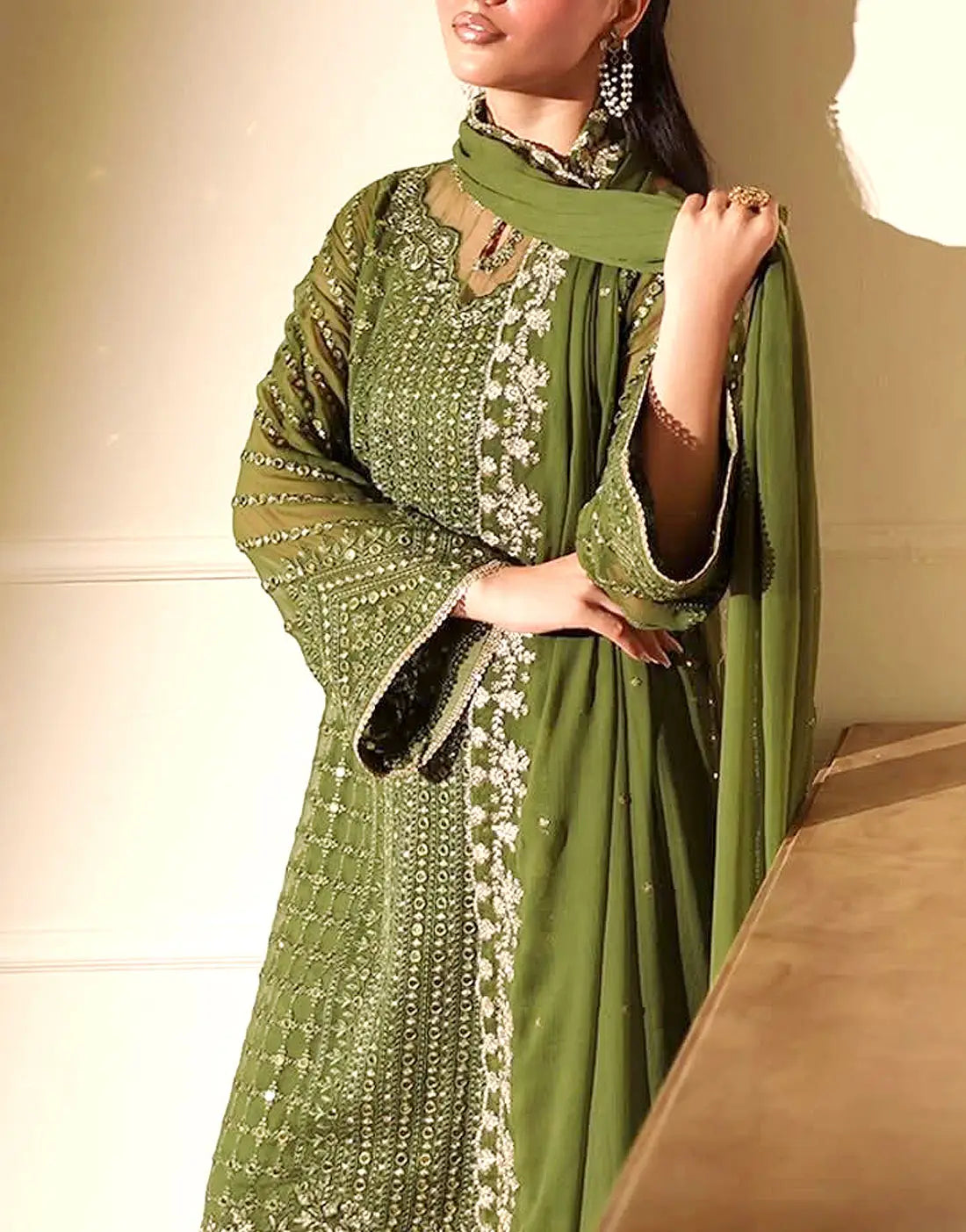 slim fit dress slacks Glittering 9mm Sequins Heavy Embroidered Olive Green Mehndi Dress (DZ1 –  DressyZone.com