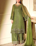 Glittering 9mm Sequins Heavy Embroidered Olive Green Mehndi Dress (DZ18605)