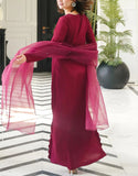Elegant Neck Embroidered Maroon Color Silk Dress for Girls (DZ18340)