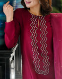 Elegant Neck Embroidered Maroon Color Silk Dress for Girls (DZ18340)