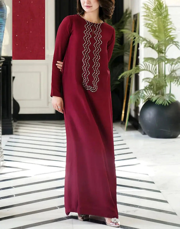 Elegant Neck Embroidered Maroon Color Silk Dress for Girls (DZ18340)