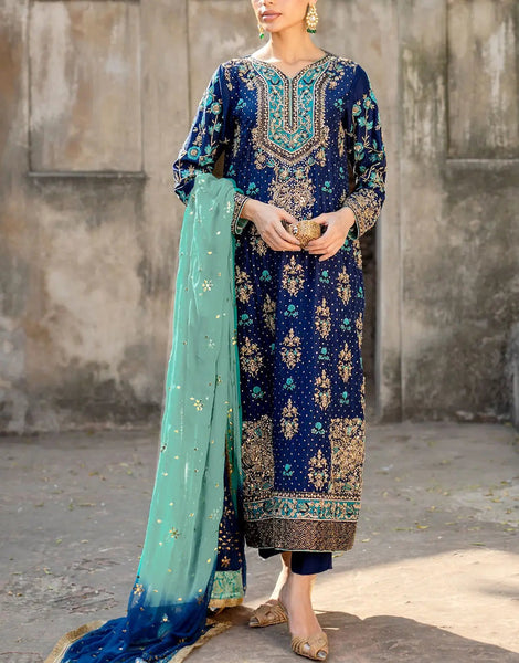 blue chiffon dress pakistani Rafia Chiffon Occasions - Pakistani Women's main image 1