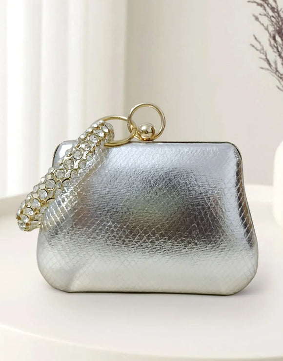 Glam Shine Trapezoid Shape Silver Clutch Bag for Weddings & Events (DZ18343)
