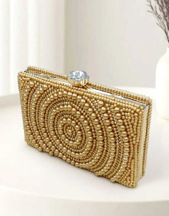 Exquisite Golden Beaded Clutch Bag – Geometric Design for Weddings & Party Wear (DZ18383)