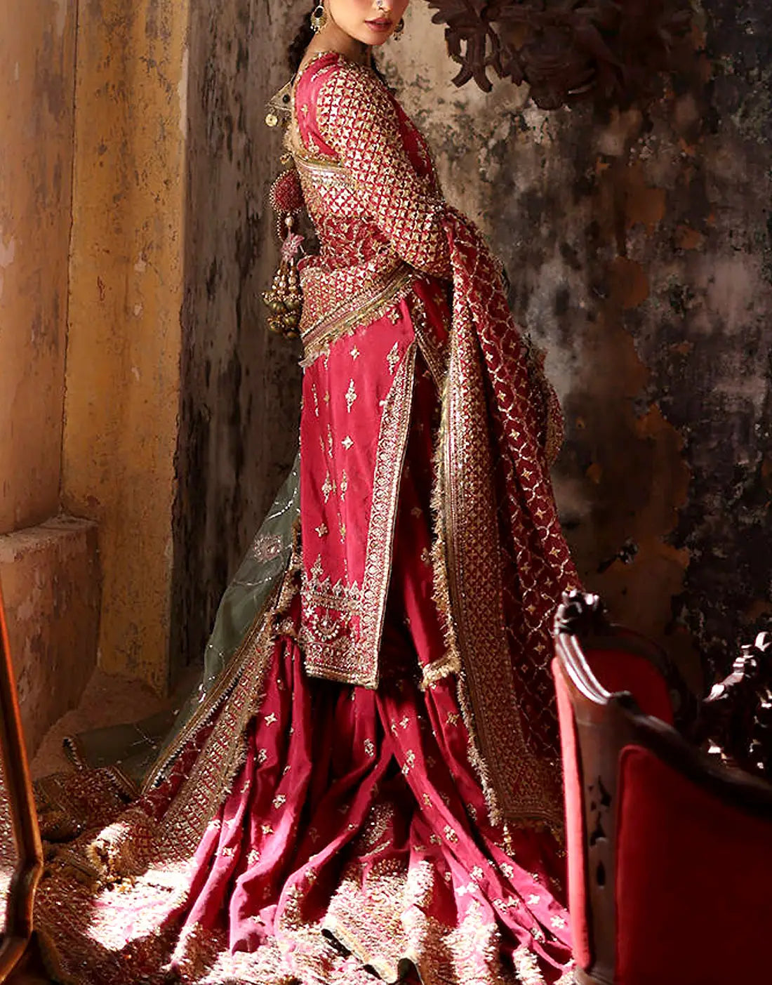 slim fit dress slacks Red Sharara Set – Naqsh by Zari main image 1