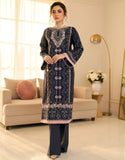 Dhanak Luxury Embroidered Navy Blue Organza Dress with Hand Embellishments (DZ18693)
