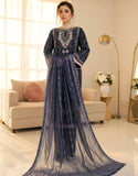 Dhanak Luxury Embroidered Navy Blue Organza Dress with Hand Embellishments (DZ18693)