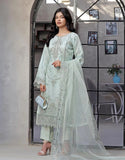 Naaira Semi-Stitched Embroidered Light Green Organza Party Dress with Complimentary Clutch Bag (DZ18709)