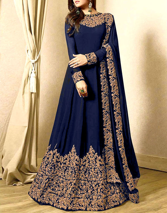 Indian Embroidered Navy Blue Chiffon Maxi Dress (DZ11359)