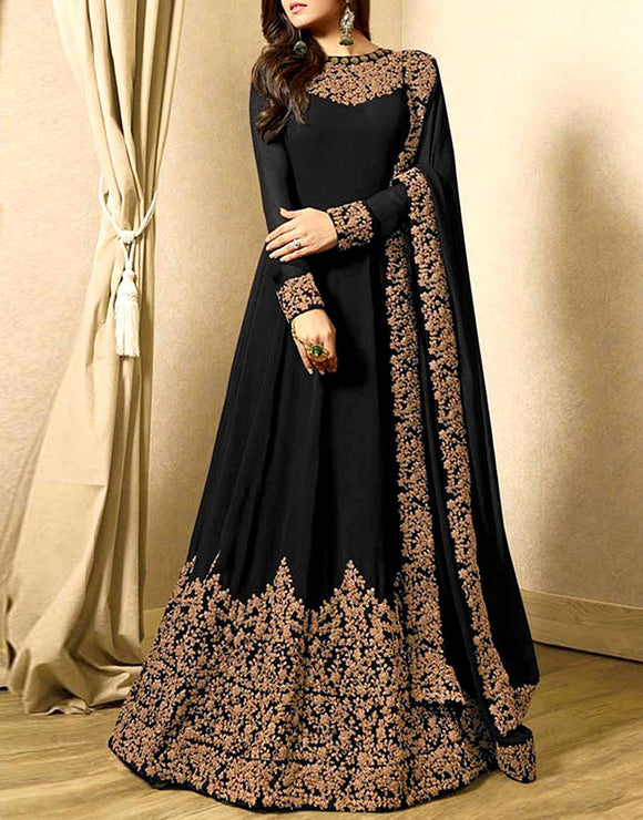 Indian Embroidered Black Chiffon Maxi Dress (DZ11395)