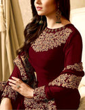 Indian Embroidered Maroon Chiffon Maxi Dress (DZ11478)
