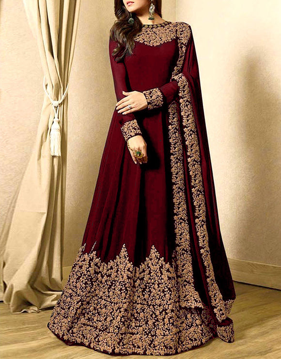 Indian Embroidered Maroon Chiffon Maxi Dress (DZ11478)