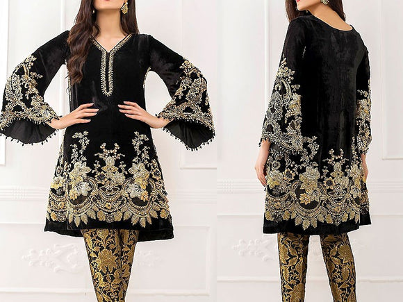 Heavy Embroidered Black 3-Piece Velvet Dress with Net Dupatta (DZ11551)