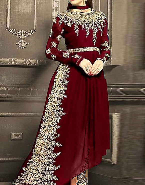 Indian Embroidered Maroon Chiffon Frock with Chiffon Dupatta (DZ12534)