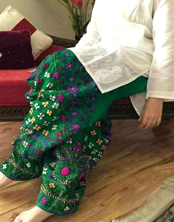 2-Pcs Embroidered Cotton Lawn Dress with Green Phulkari Embroidered Trouser (DZ13155)