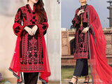 Traditional Design Mirror Work Embroidered Cotton Dress with Chiffon Dupatta (DZ13285)