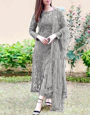 Heavy Embroidered Grey Net Formal Wedding Dress (DZ14125)