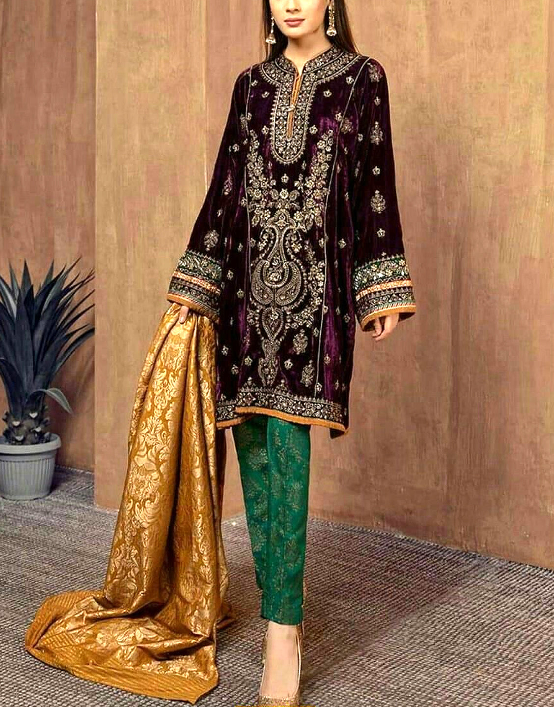 Heavy Embroidered Velvet Party Wear Dress with Jamawar Trouser (DZ1449 –  DressyZone.com