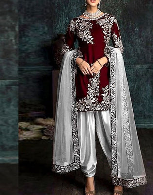 Fancy Embroidered Maroon Silk Party Wear Suit (DZ14544)