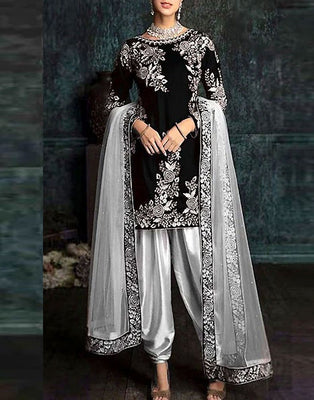 Embroidered Black Silk Party Wear Dress (DZ14545)