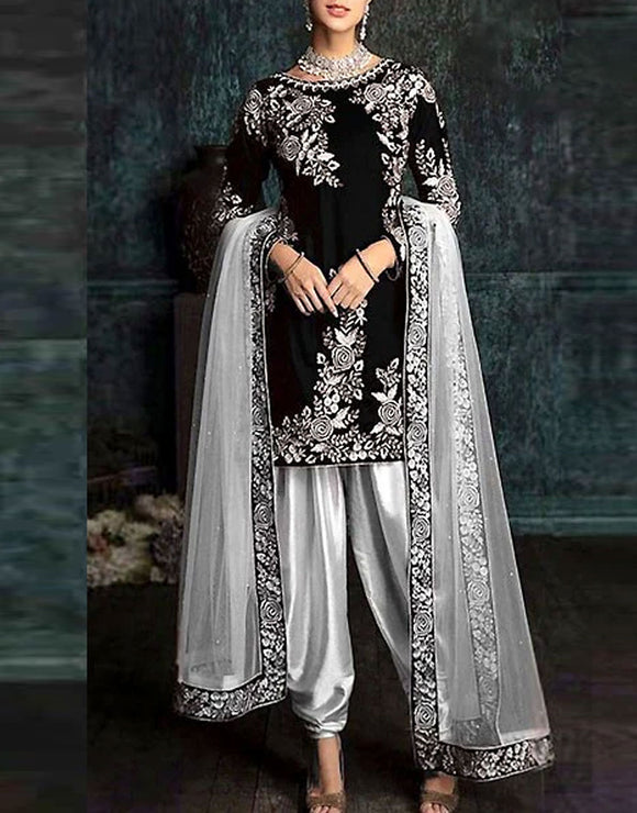 Embroidered Black Silk Party Wear Dress (DZ14545)