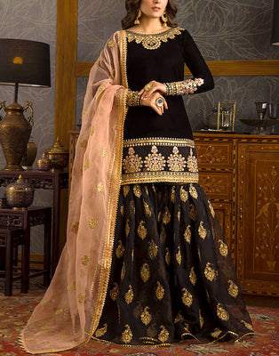 Embroidered Black Chiffon Party Wear Dress with Organza Dupatta (DZ14563)