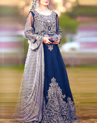 Handwork Heavy Embroidered Navy Blue Chiffon Maxi Dress DZ14839 DressyZone
