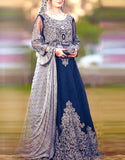 Handwork Heavy Embroidered Navy Blue Chiffon Maxi Dress (DZ14839)