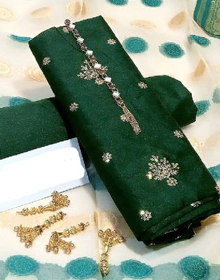 Banarsi Style Embroidered Raw Silk Dress with Organza Jacquard Dupatta (DZ15384)