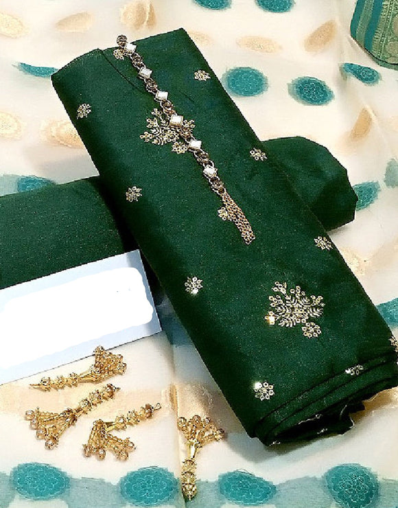 Banarsi Style Embroidered Raw Silk Dress with Organza Jacquard Dupatta (DZ15384)